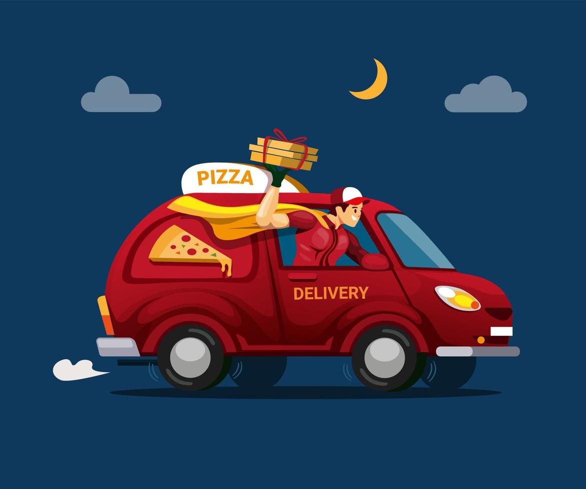 Pizza-Lieferservice, der an den Kunden im Nachtszenenkonzeptkarikaturillustrationsvektor versendet vektor