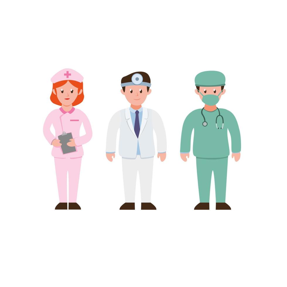 Leute, die Uniform für Krankenhausjob tragen, Sammlungssatz. Krankenschwester Arzt und Chirurgie Anzug Charakter Icon Set in Cartoon flache Illustration Vektor isoliert in weißem Hintergrund