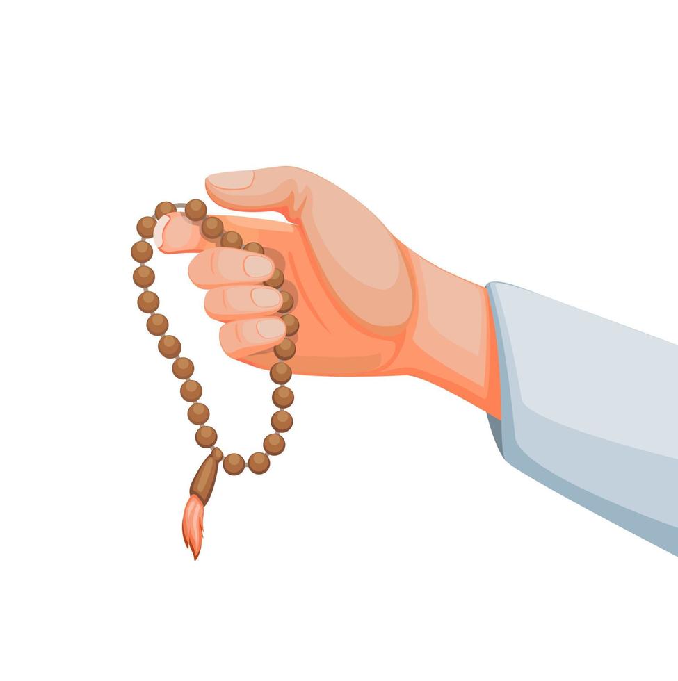 muslim som håller bönepärlor aka tasbih-räkneverktyg för zikr i islams religion. koncept i tecknad illustration vektor isolerad i vit bakgrund