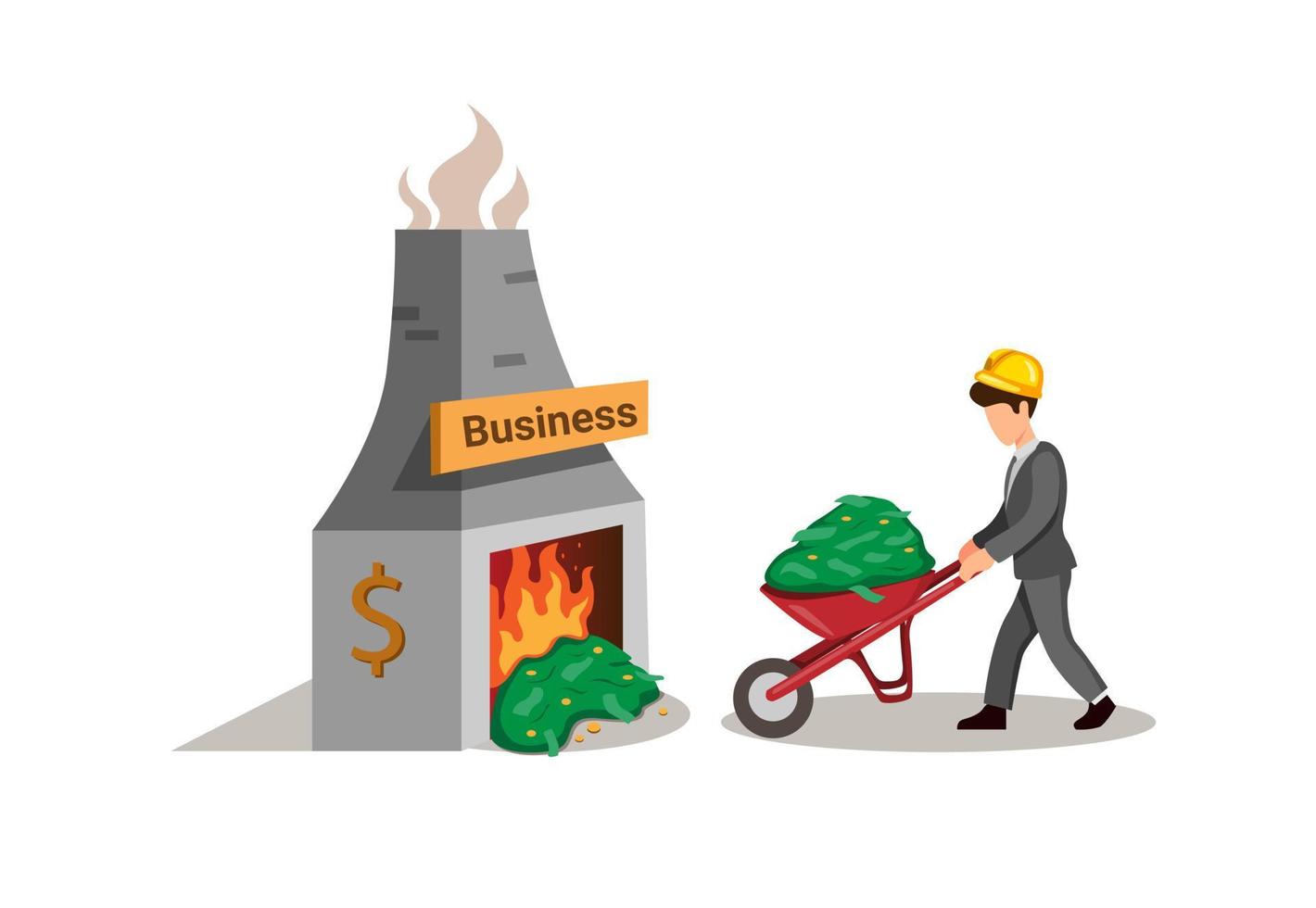 Geschäftsmann, der Geldpille in Schubkarre trägt, um Geld zu verbrennen. Geschäftsfinanzierungsmetapher im Karikaturillustrationsvektor lokalisiert auf weißem Hintergrund vektor