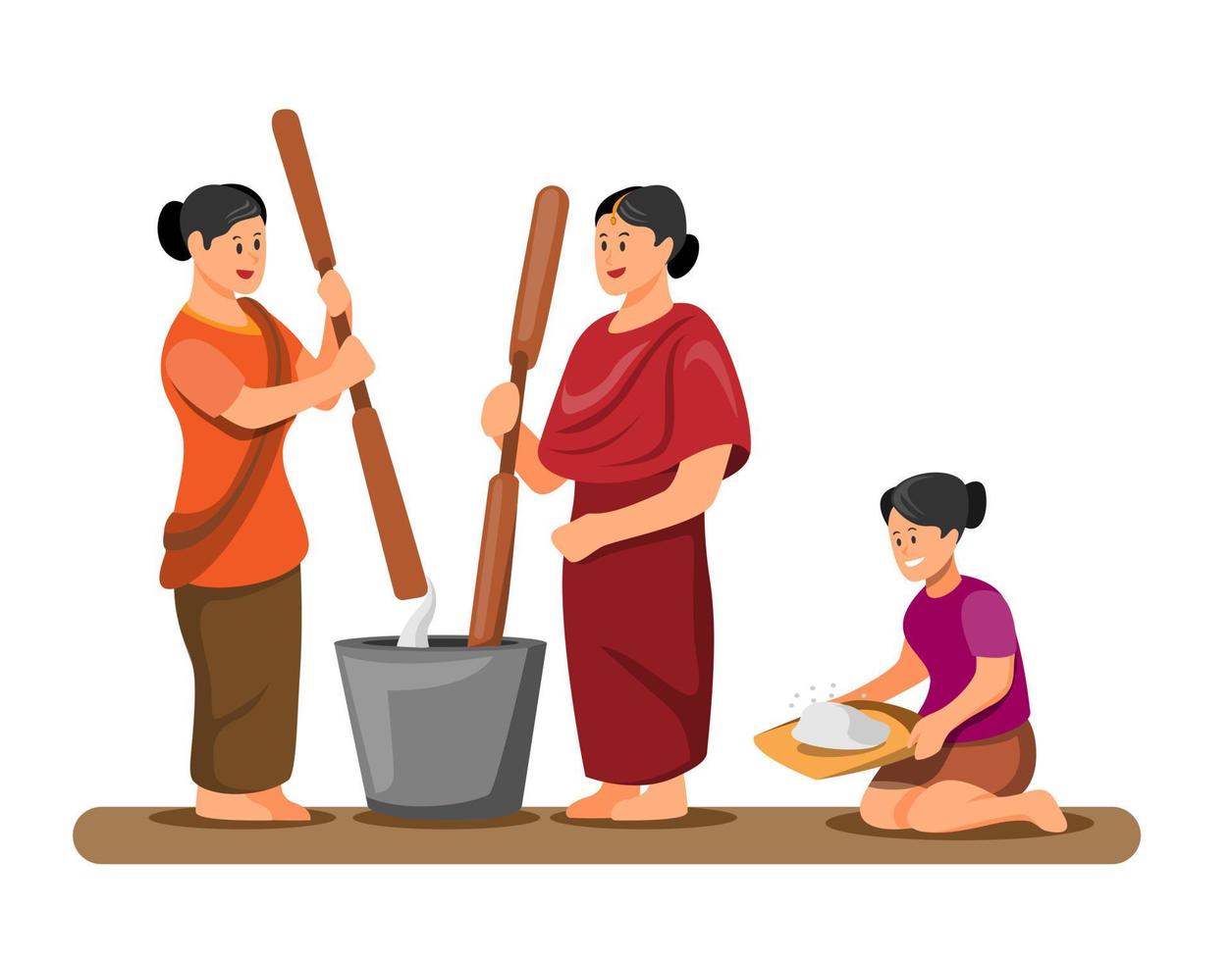 asiatische Frau, die traditionelle Aktivität des Reis im Dorfkonzept im Karikaturillustrationsvektor einzeln in weißem Hintergrund hämmert und säubert vektor
