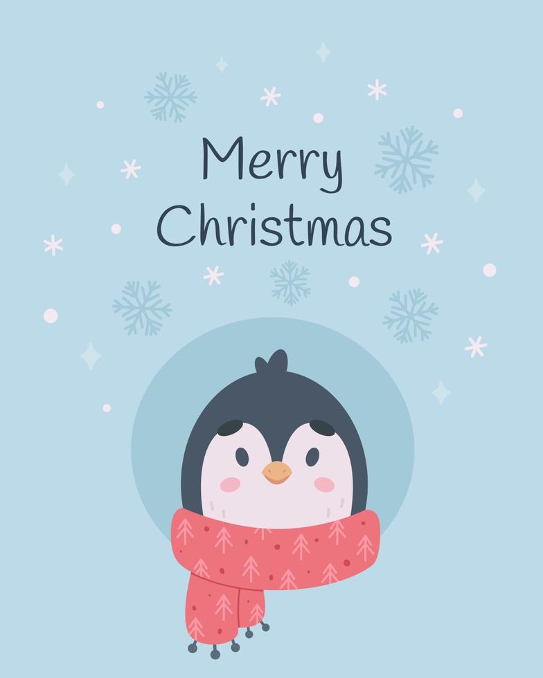 god jul gratulationskort. söt pingvin karaktär med halsduk. juldjur, vektor
