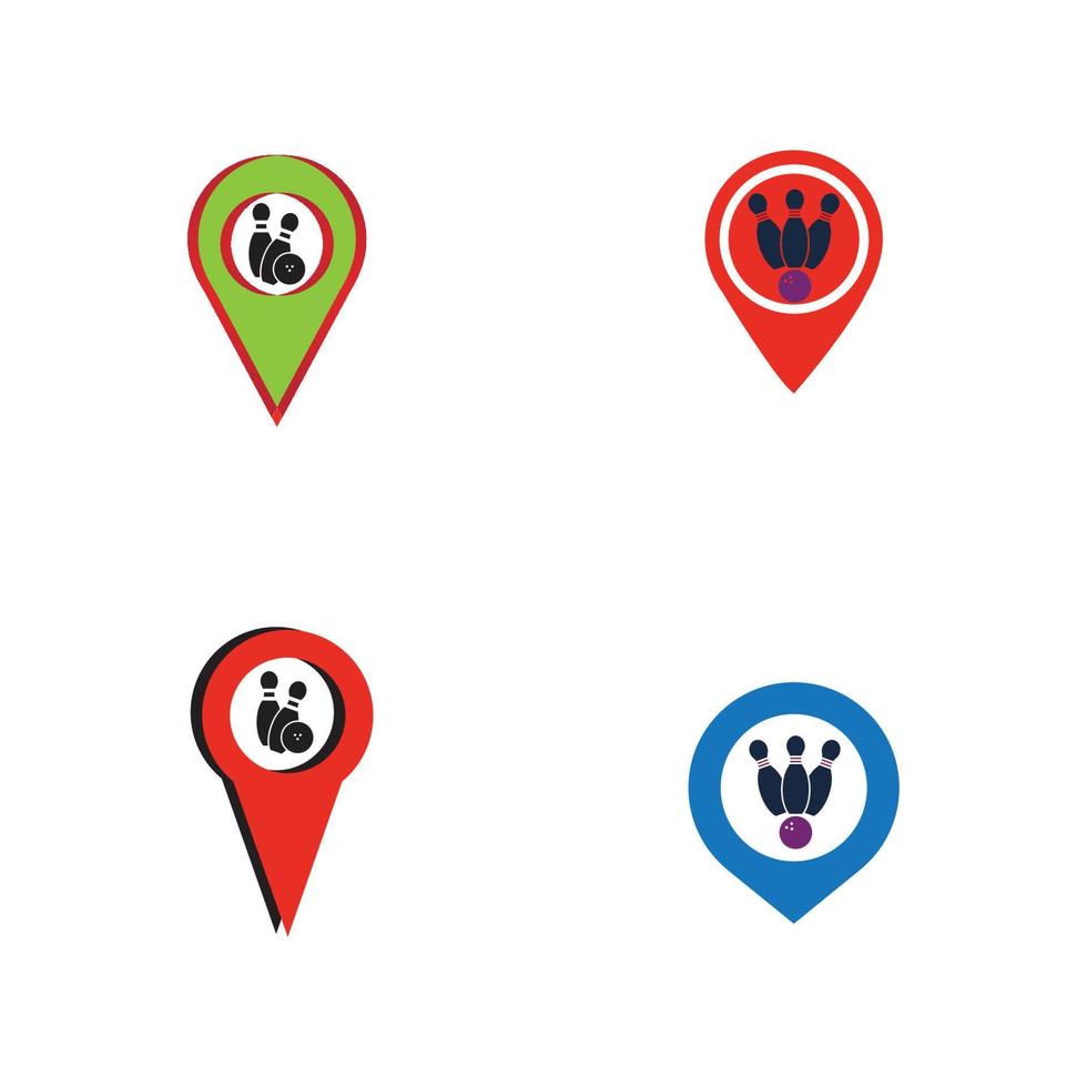 Bowling Map Point Konzept Logo, Symbole und Symbol. Bowlingkugel und Pin-Vektor-Illustration. vektor