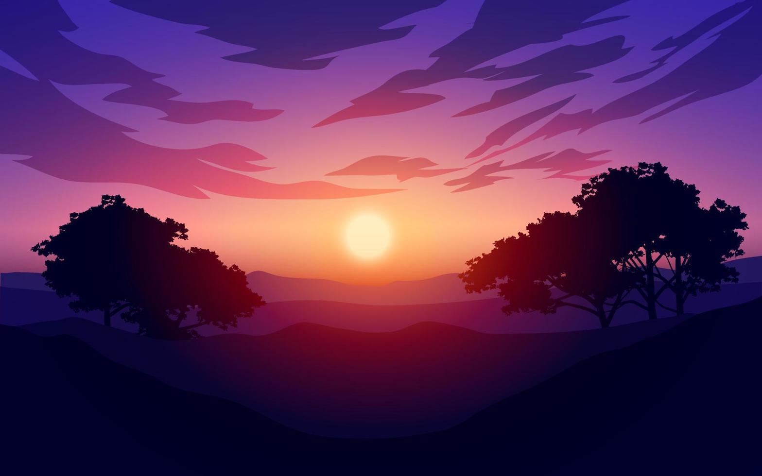 Sonnenaufgang oder Sonnenuntergang über Bergen mit Baumsilhouetten. Bergwaldlandschaft vektor