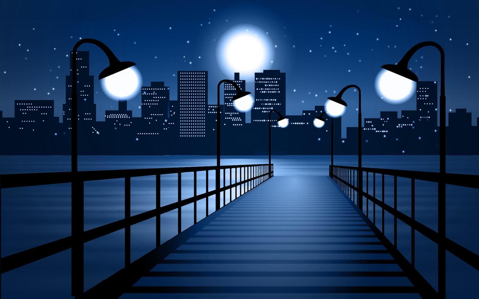 Stadt bei Nacht mit Pier am Fluss vektor