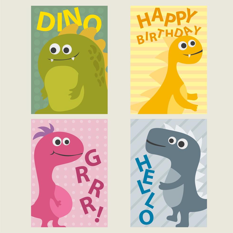 Set mit 4 Kartenvorlagen mit Dinosauriern für Geburtstag, Einladungen, Scrapbooking vektor