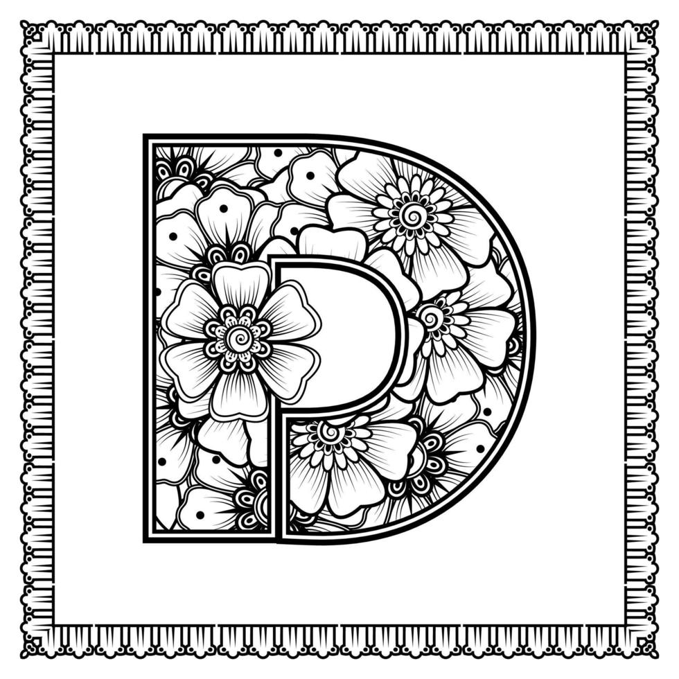 bokstaven d gjord av blommor i mehndi-stil. målarbok sida. kontur handrita vektorillustration. vektor