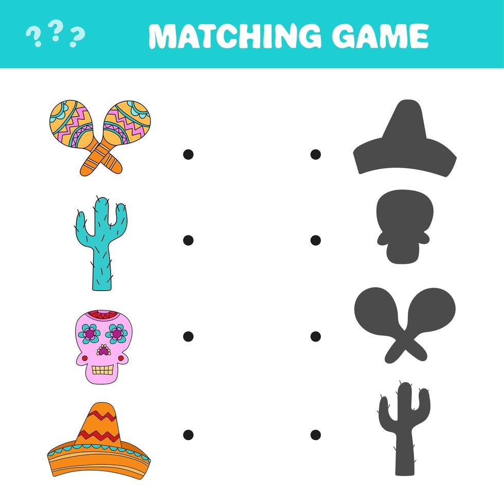 Matching-Spiel. finde den richtigen schatten von gegenständen des mexikanischen totentages vektor