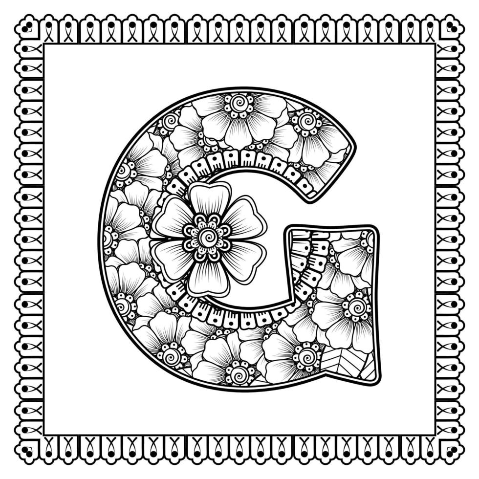 bokstaven g gjord av blommor i mehndi-stil. målarbok sida. kontur handrita vektorillustration. vektor