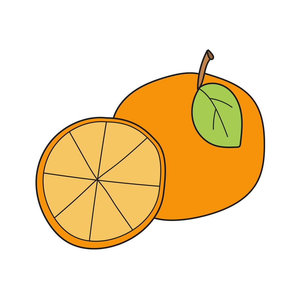 einfaches Cartoon-Symbol. Orangenfrucht mit Blatt und Scheibe. Vektor-Illustration vektor