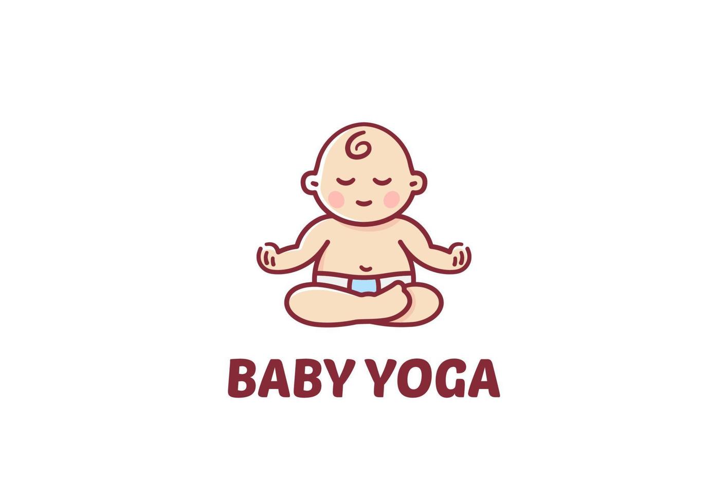 Süßes Cartoon-Baby, das in Lotus-Pose für Yoga-Studio-Emblem-Logo-Design-Vorlage mit Schriftzug meditiert. vektor