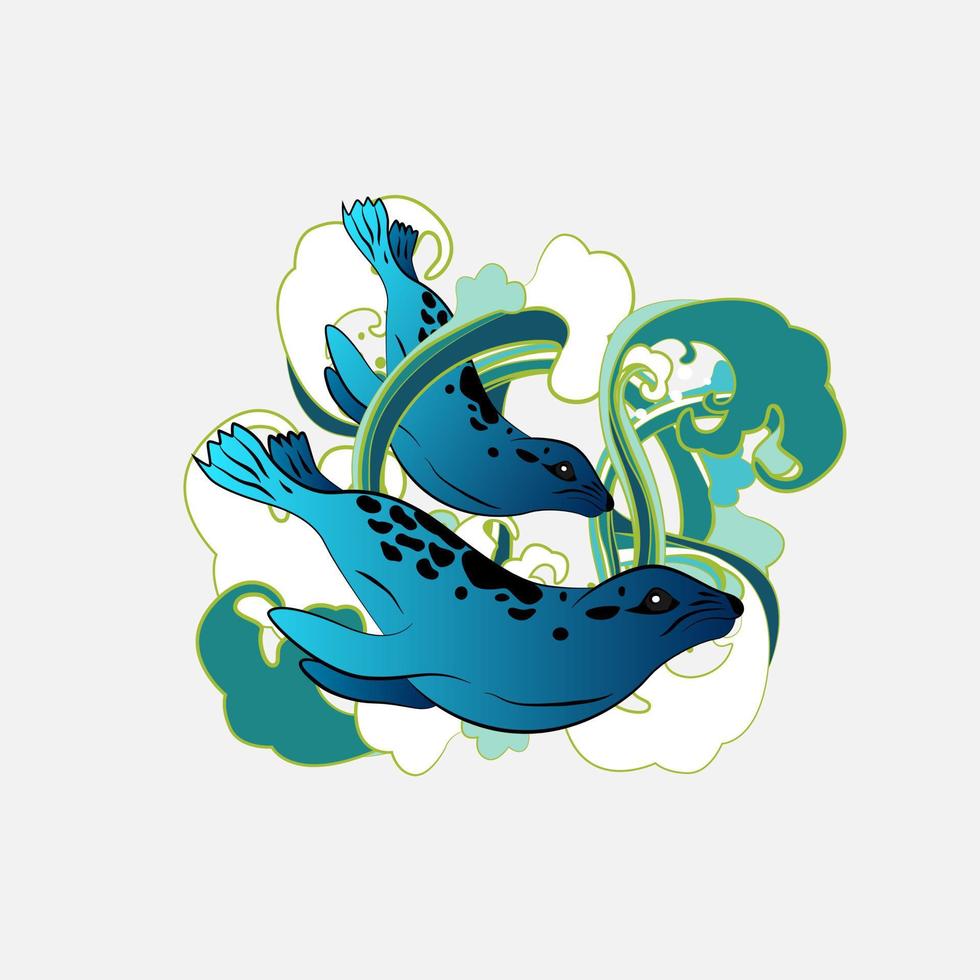 Sea Animal Illustration Design für Sukajan ist mittleres japanisches traditionelles Tuch oder T-Shirt mit digitaler handgezeichneter Stickerei Männer T-Shirts Sommer Casual Kurzarm Hip Hop T-Shirt Streetwear vektor