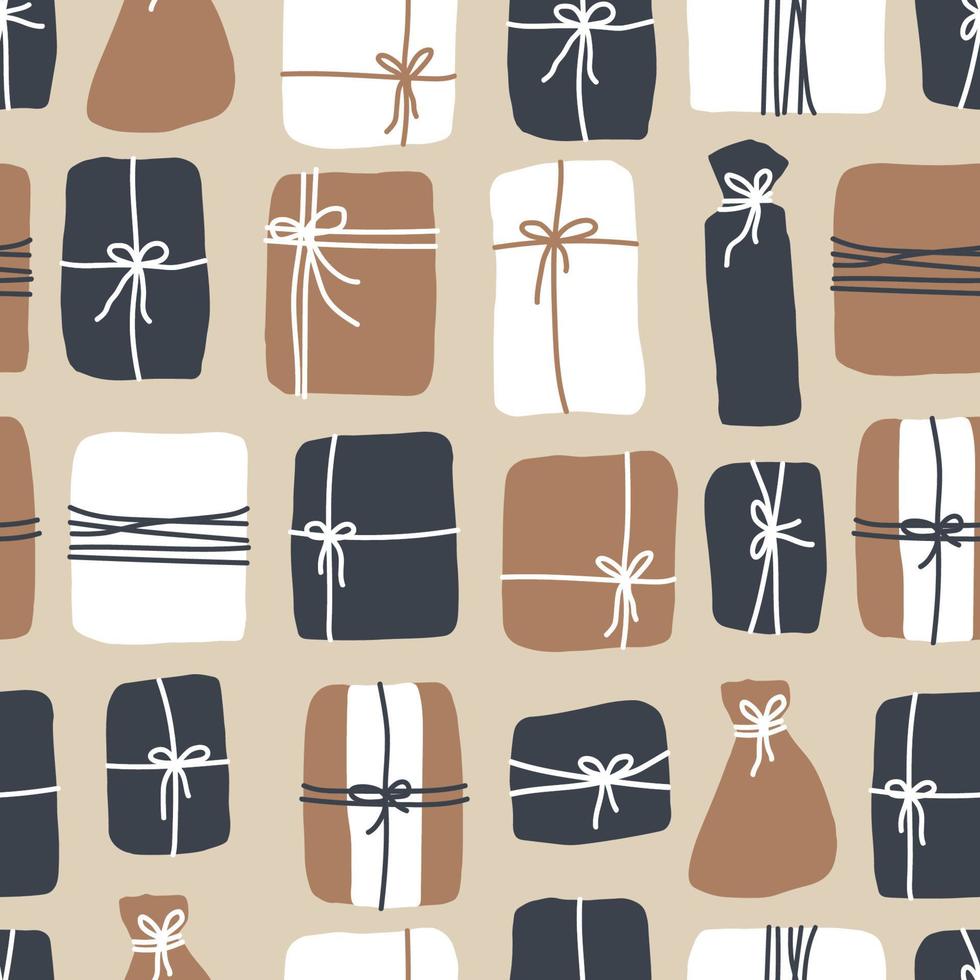 blå brun vit vektor seamless mönster av presentförpackningar för födelsedag eller jul. handritad illustration för tyg, gardin, bakgrund, tapeter, kläder, omslagspapper för semester