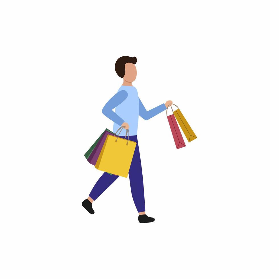 en man håller shoppingkassar i händerna och springer. vektor platt karaktär. konceptet shopping, rabatter och kampanjer.