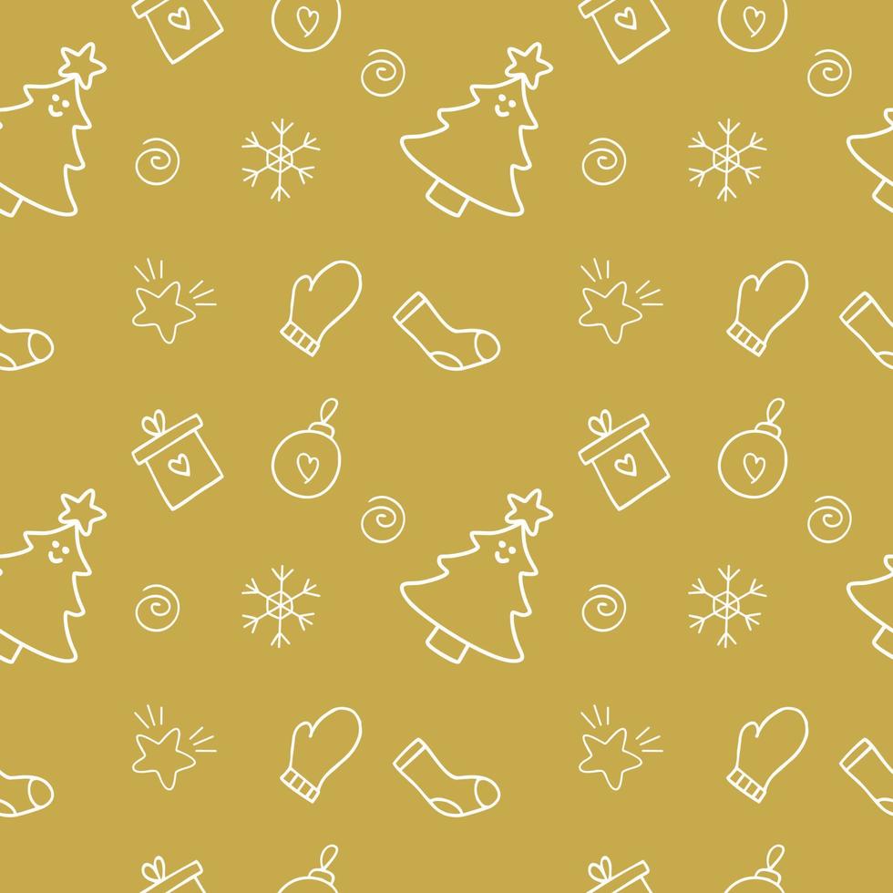 vektor jul doodle samling på en gyllene bakgrund. jul vektor mönster för textilier, kläder, förpackningspapper. nyår och jul. sömlös oändlig bakgrund.