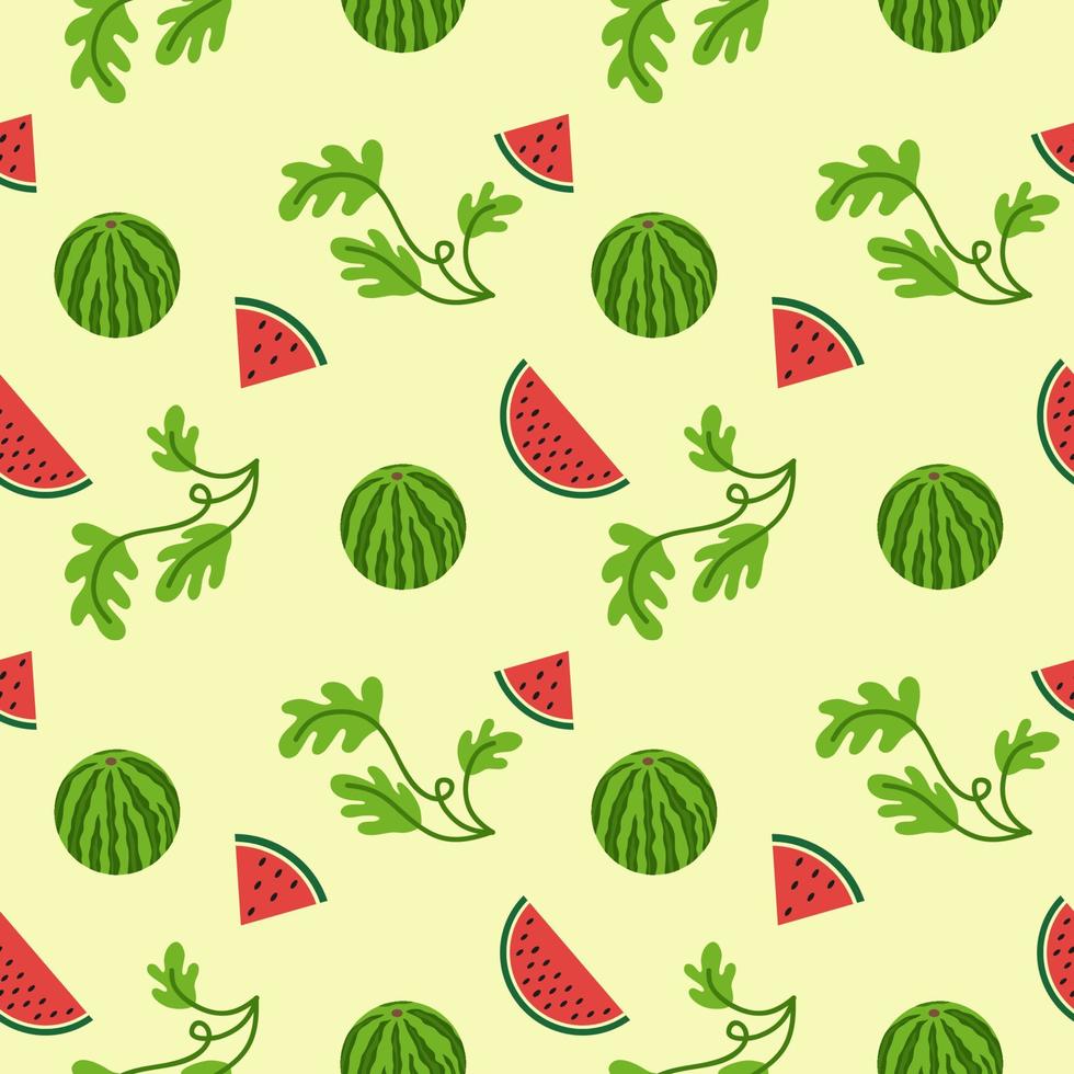 Nationaler Tag der Wassermelonen in den Vereinigten Staaten. nahtloser endloser Hintergrund und Muster mit Wassermelone, Wassermelonenscheibe und Samen. Textildesign, Schneiderei, Stoff- oder Papierverpackungen. vektor