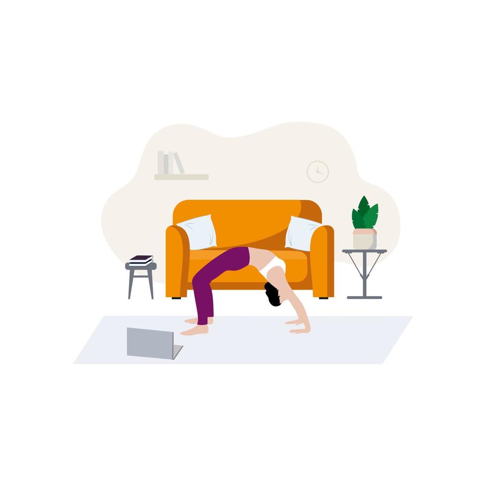 ein schlankes mädchen macht zu hause yogaübungen. Inneneinrichtung, Sofa und Regale. das Konzept eines gesunden Lebensstils, sportlicher Aktivitäten und Training. Yoga-Posen. Vektor-flache Cartoon-Illustration vektor