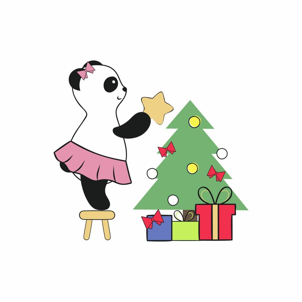 Süßes Panda-Mädchen mit Schleife und Rock verkleidet einen Weihnachtsbaum. flache Karikaturillustration der Kinder. Aufkleber für Laptop, soziales Netzwerk, ein Element für Postkartendesign. Neujahr und Weihnachten. vektor