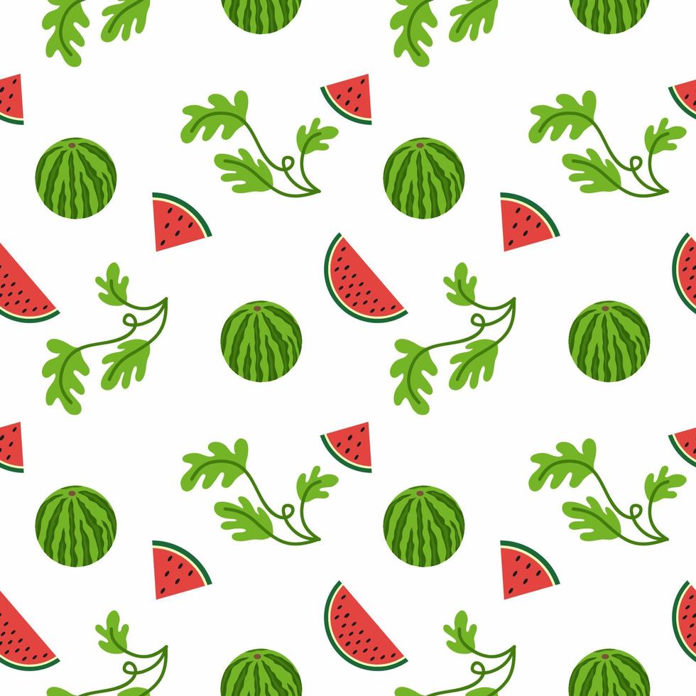 nahtloses weißes Muster mit Wassermelonen, Fruchtscheiben, grünen Zweigen. nationaler wassermelonentag in den usa am 3. august hintergrund für textilien, kleidung, papierverpackungen, stoffe, vektor