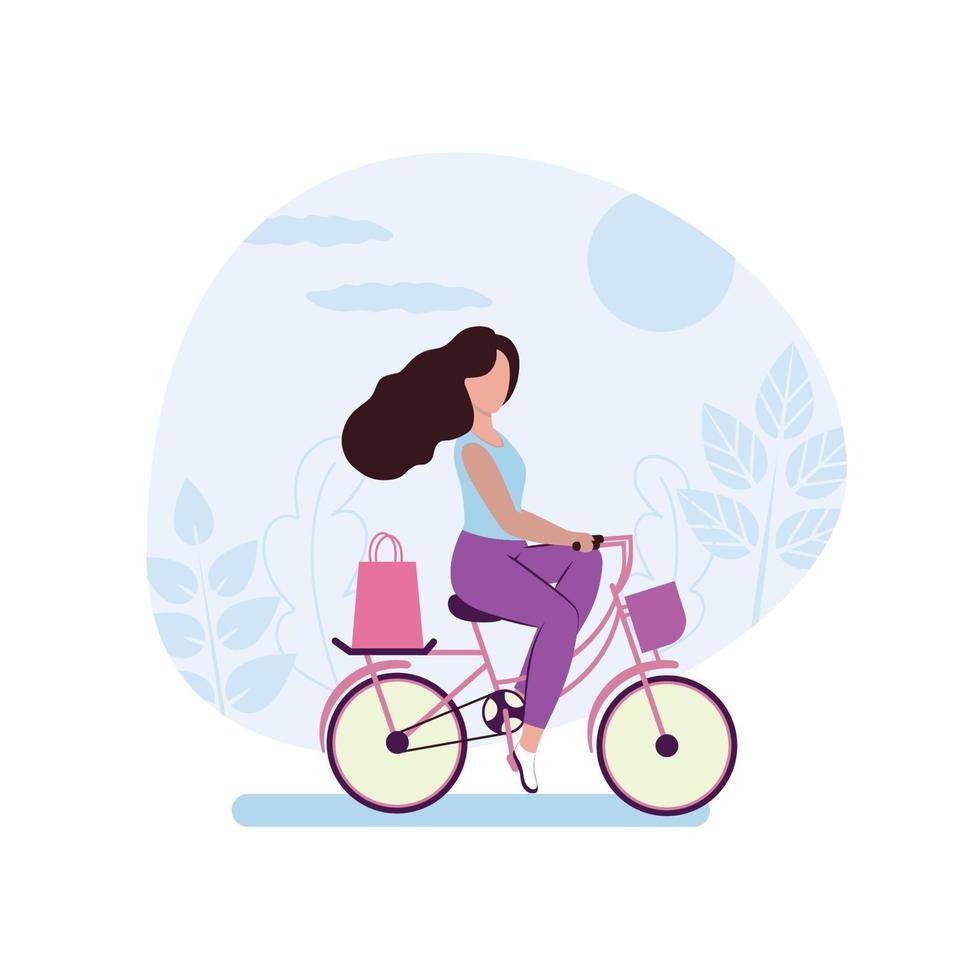 en tjej cyklar för att shoppa i en butik. rita en vacker flicka som cyklar. begreppet utomhusaktiviteter i staden. platt tecknad vektorillustration vektor