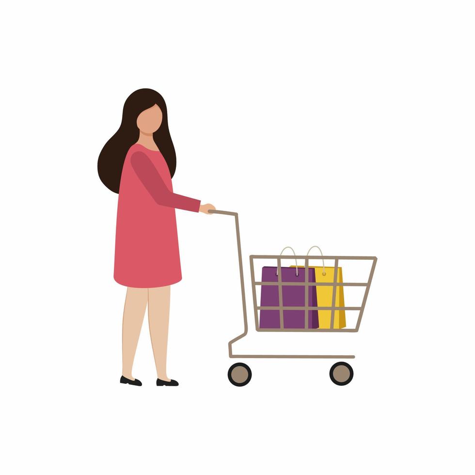 eine junge Frau mit einem Einkaufswagen geht in den Laden. Vektor-flache Zeichnung eines Mädchens. Frau beim Einkaufen. Aktionen, Rabatte, Verkäufe. vektor