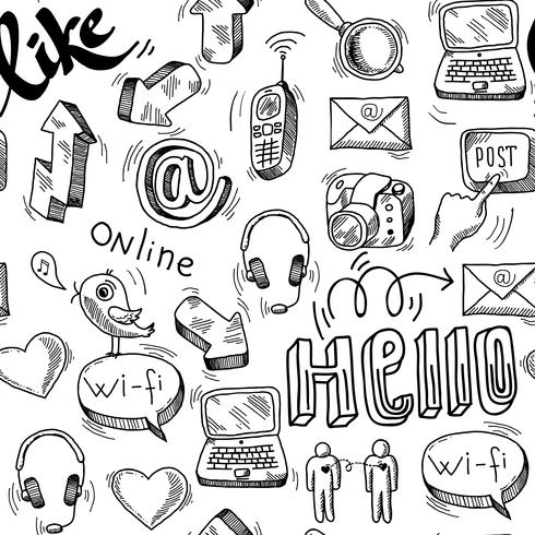 Seamless doodle sociala medier mönster bakgrund vektor