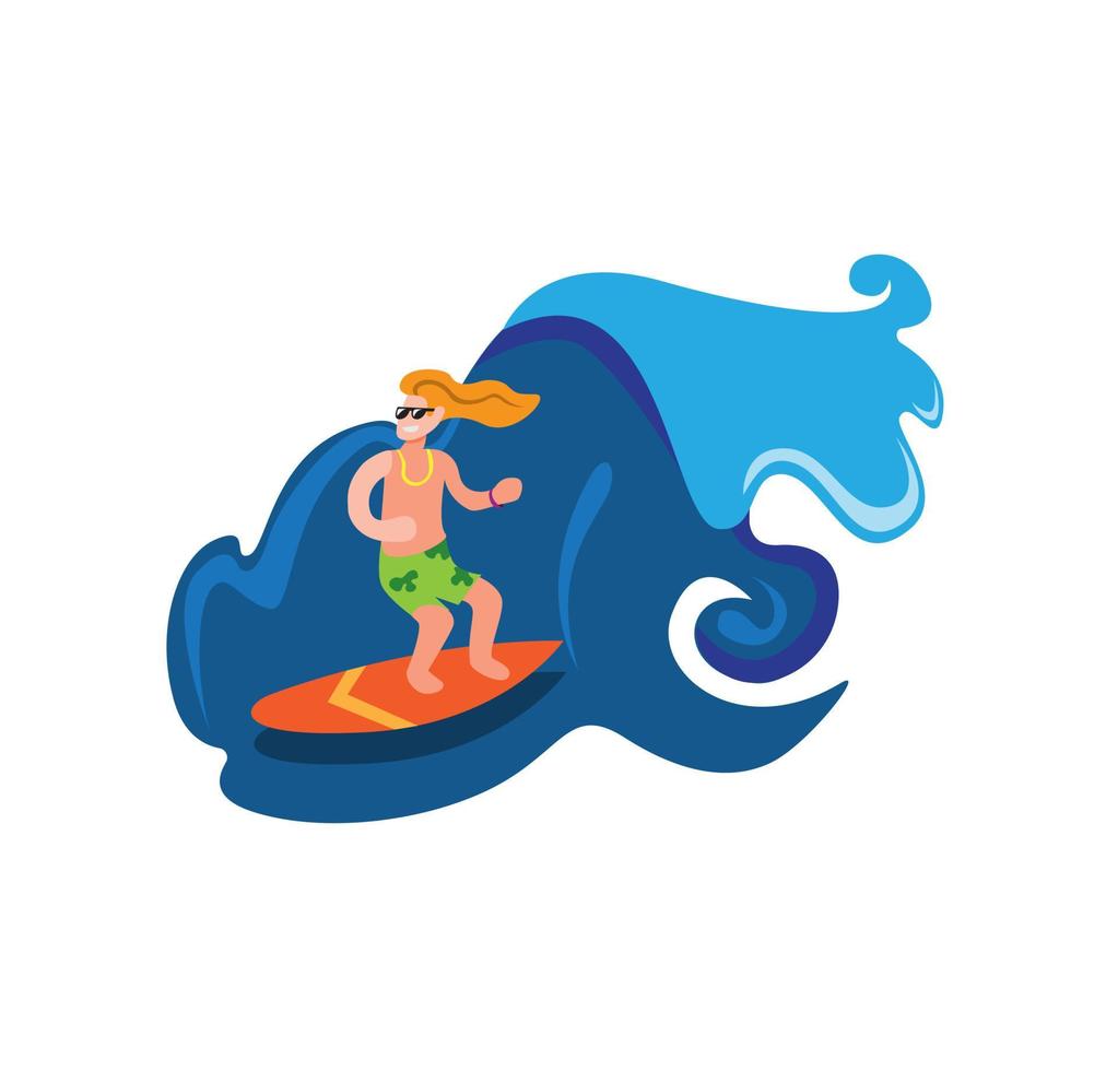 Mann mit schwarzen Brillen, die in der blauen Ozeanseewelle surfen, Strandsommeraktivität Extremsportkarikatur flacher Illustrationsvektor vektor