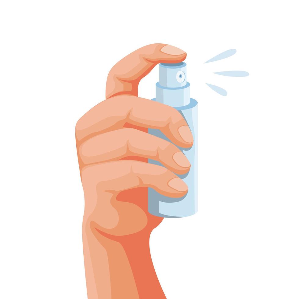 Hand, die eine Taschensprühflasche hält, Symbol für Parfüm oder Desinfektionsmittel. Konzept im Cartoon-Illustrationsvektor isoliert in weißem Hintergrund vektor