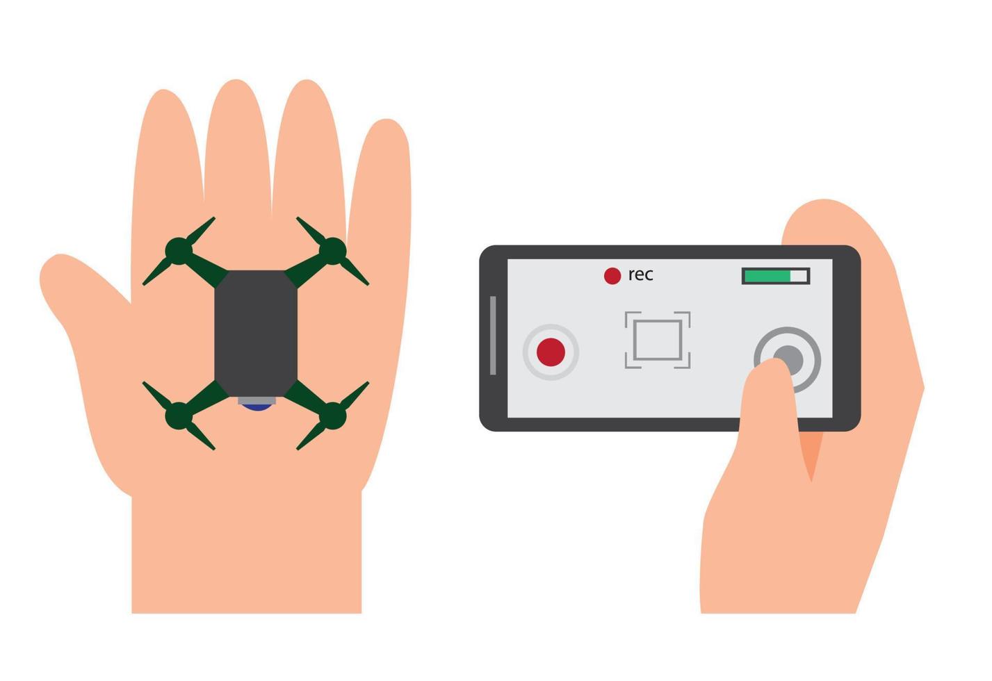 hand som håller mini drönare kontrolleras med en smartphone, spion kamera inspelare platt illustration vektor