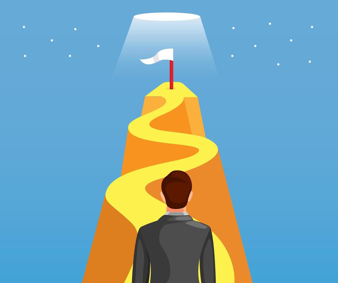 Geschäftsmann geht oder klettert auf den Hügel, um das Ziel mit dem Flaggensymbol für den Erfolg zu erreichen. Business Development Leadership Management-Konzept im Cartoon-Illustrationsvektor vektor