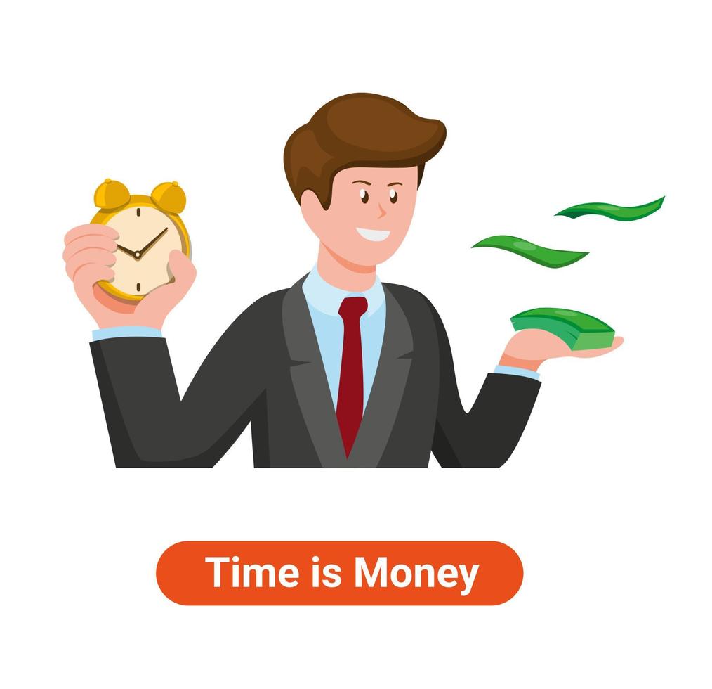 Mann, der Uhralarm und Geldillustration der Zeit hält, ist Geld im flachen Vektor der Karikatur, der in weißem Hintergrund lokalisiert wird
