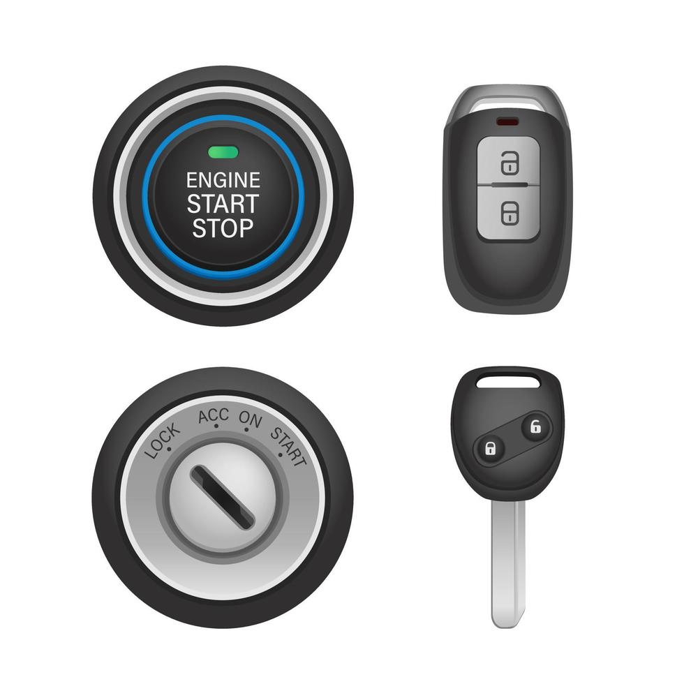 Keyless- und Keyhole-Auto mit Funkschlüssel-Icon-Set. Start-Stopp-Motorknopfsymbol im realistischen Illustrationsvektor auf weißem Hintergrund vektor