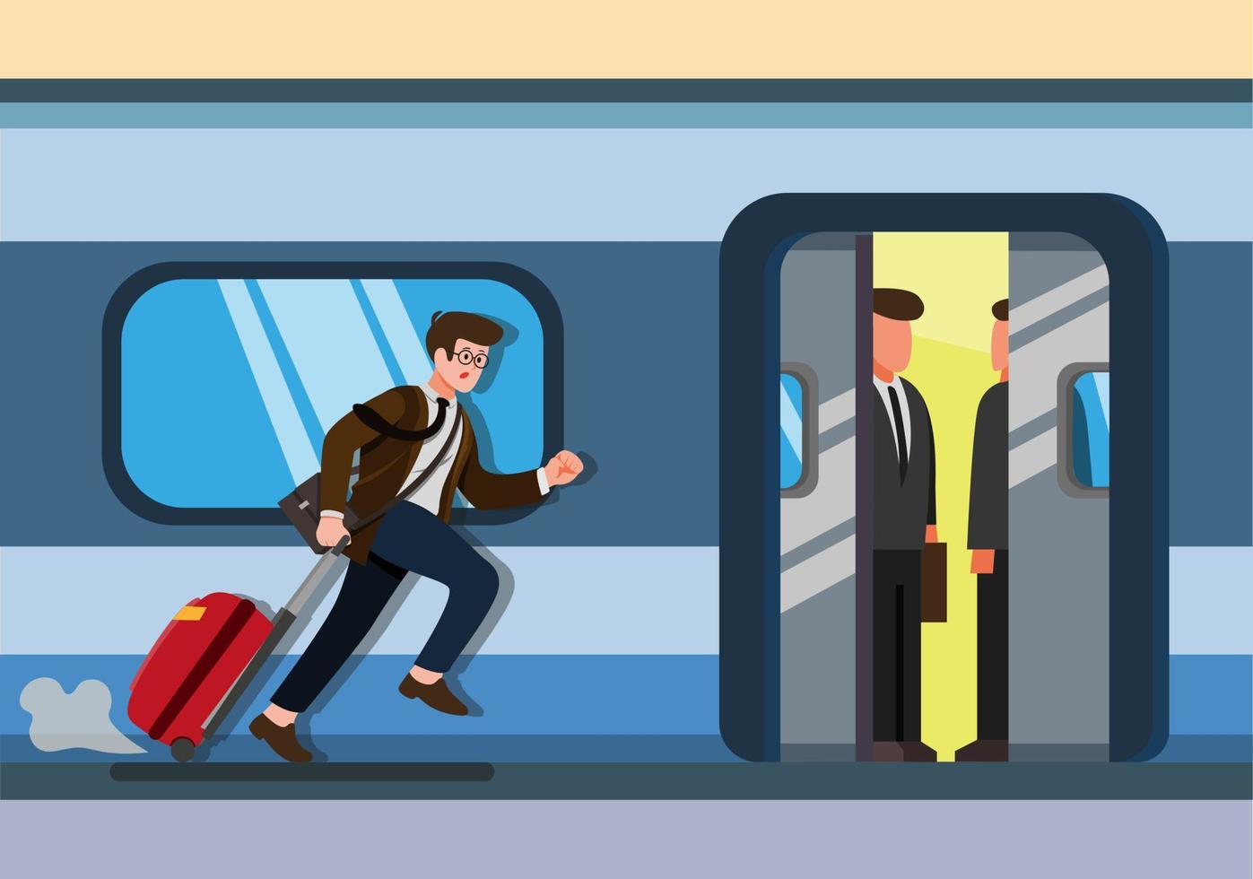Geschäftsmann, der läuft, um Zugbüromann mit Gepäck auf dem öffentlichen Nahverkehr des Bahnhofs zu fangen. Cartoon flacher Illustrationsvektor isoliert in weißem Hintergrund vektor