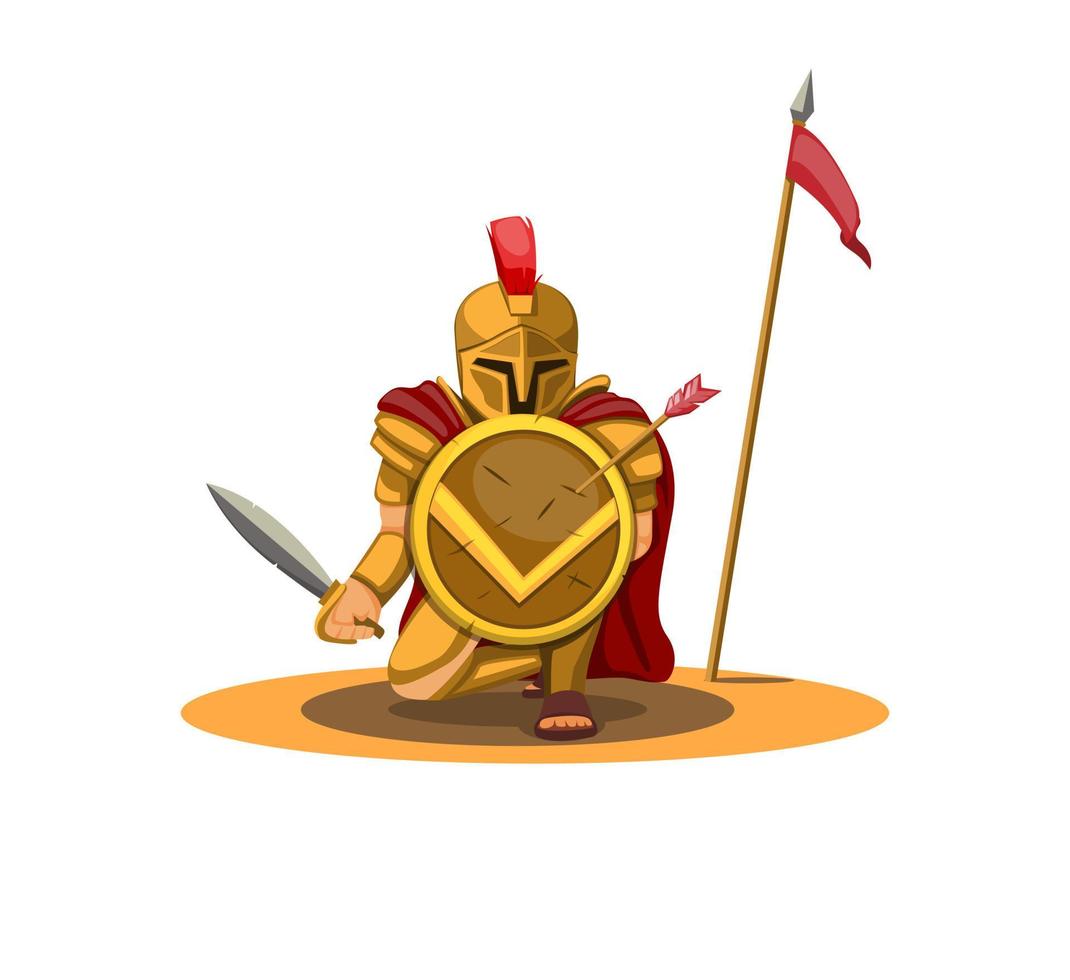 spartanischer Krieger halten Schild und verteidigendes Posenfigur-Charakterkonzept im Karikaturillustrationsvektor vektor
