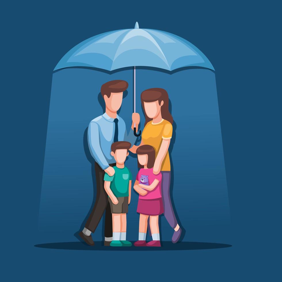 glückliche Familie unter dem Regenschirm. Symbol für das Geschäftskonzept des Versicherungs-Gesundheitsschutzes im Karikaturillustrationsvektor vektor