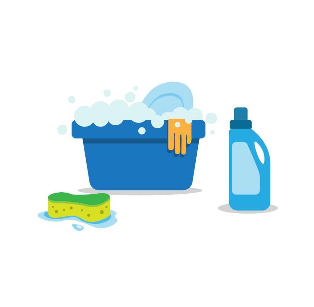 Waschwanne gefüllte Seife mit Latexhandschuh, Schwamm und Waschmittel. für Hausarbeit und Reinigungsdienstsymbol im flachen Illustrationsvektor der Karikatur lokalisiert in weißem Hintergrund vektor