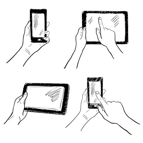 Hände Touchscreen Skizzensatz vektor