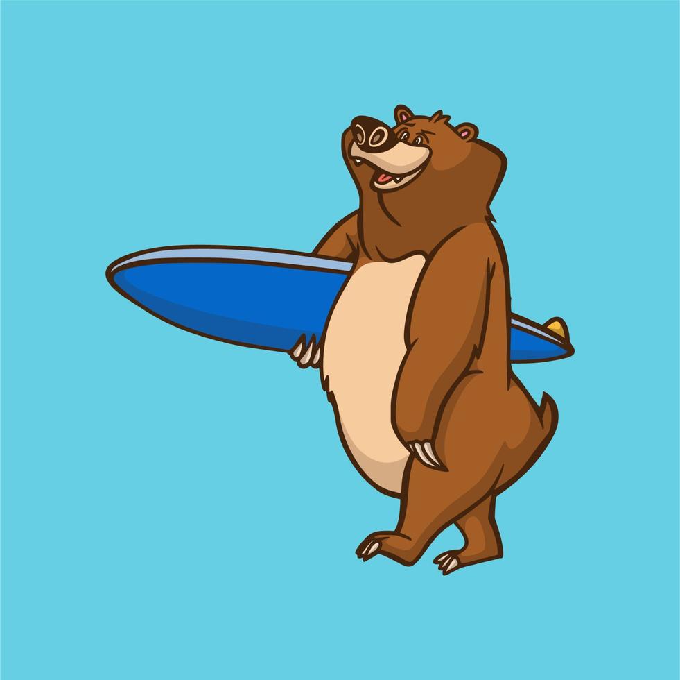 Cartoon-Tier-Design-Bär, der ein süßes Maskottchen-Logo des Surfbretts trägt vektor
