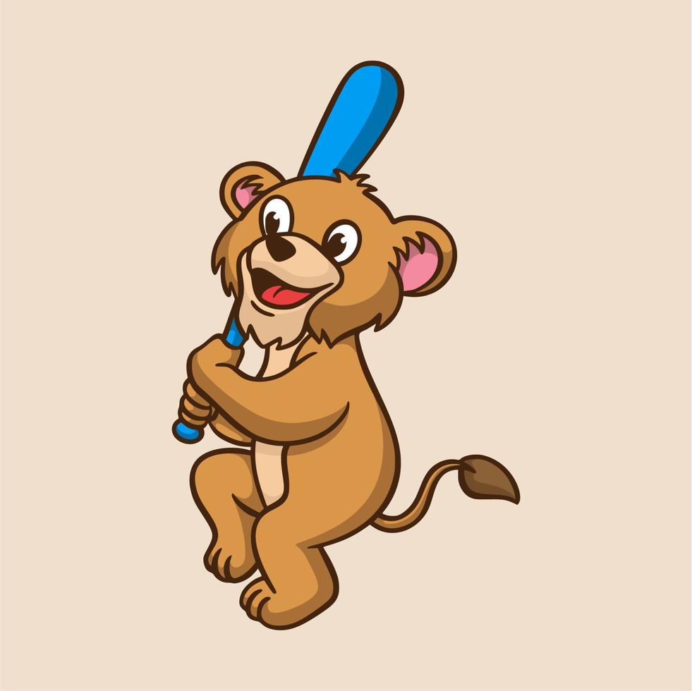 tecknad djurdesign barn lejon spelar baseball söt maskot logotyp vektor