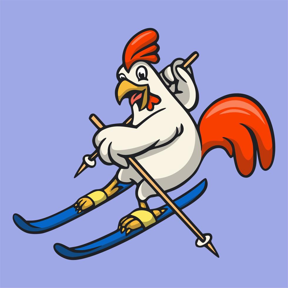 Cartoon Tier Design Hähne Skifahren niedliches Maskottchen Logo vektor