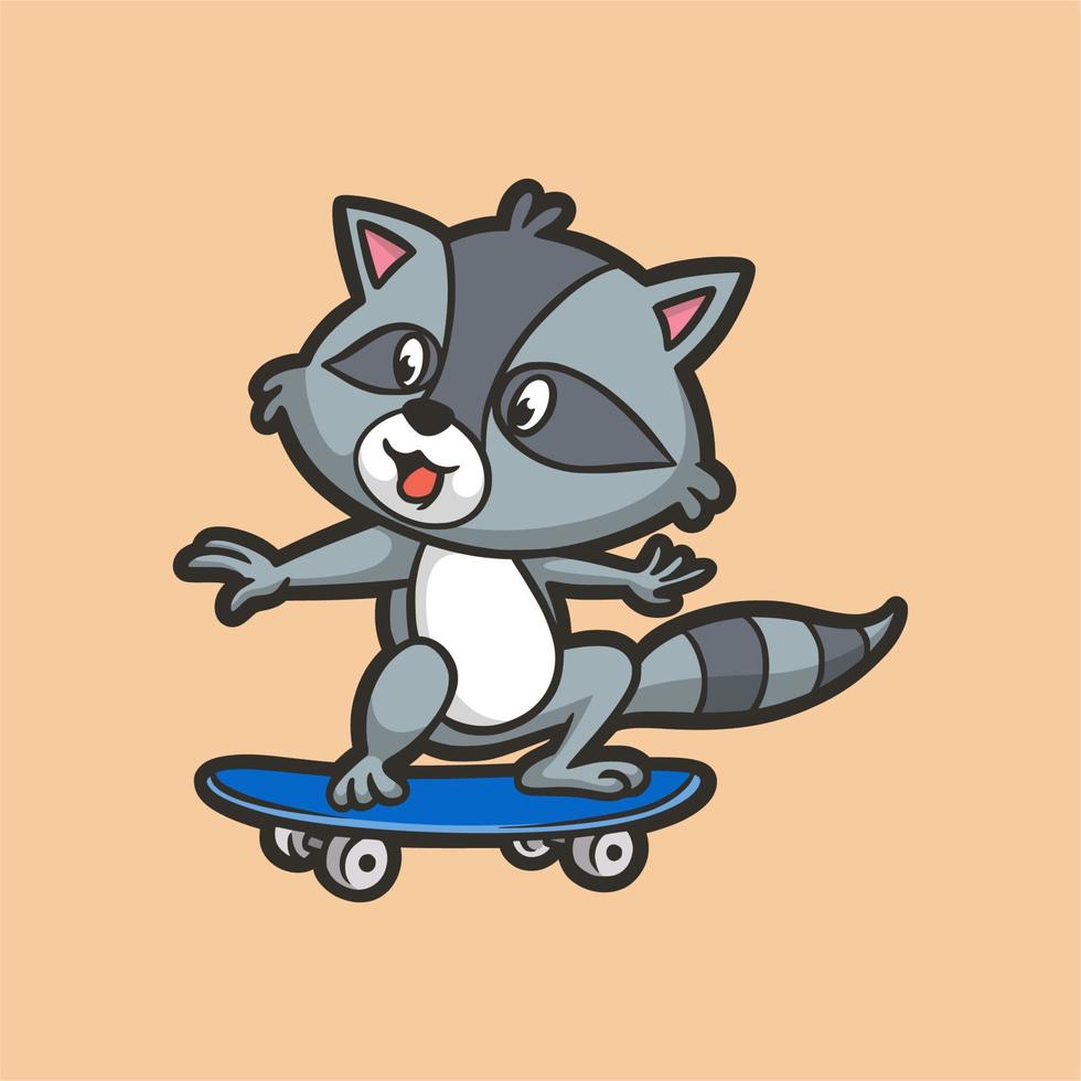 tecknad djurdesign tvättbjörnar skateboard söt maskot logotyp vektor