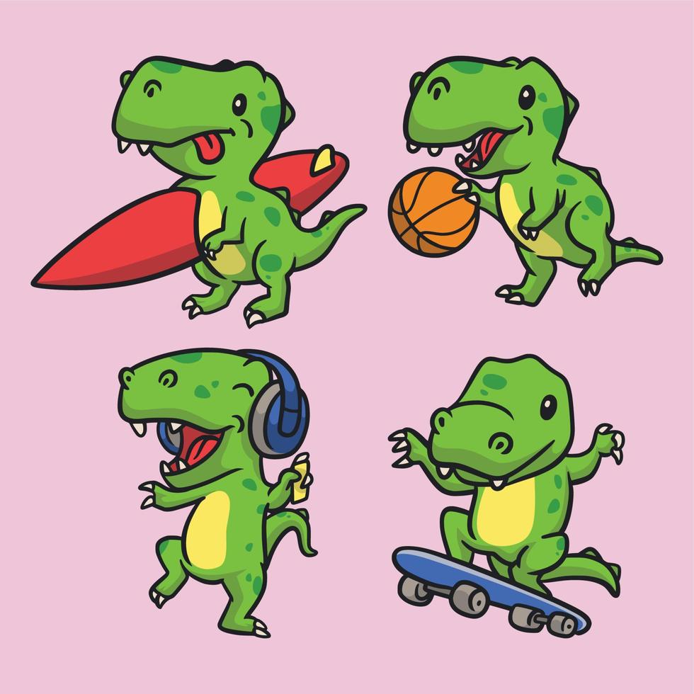 T-Rex-Surfen, T-Rex-Basketball, T-Rex-Musik hören und T-Rex-Skateboard-Tierlogo-Maskottchen-Illustrationspaket vektor