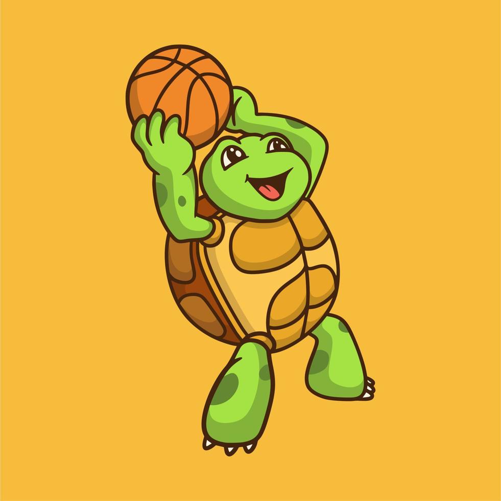 tecknad djurdesign sköldpadda spelar basket söt maskot logotyp vektor