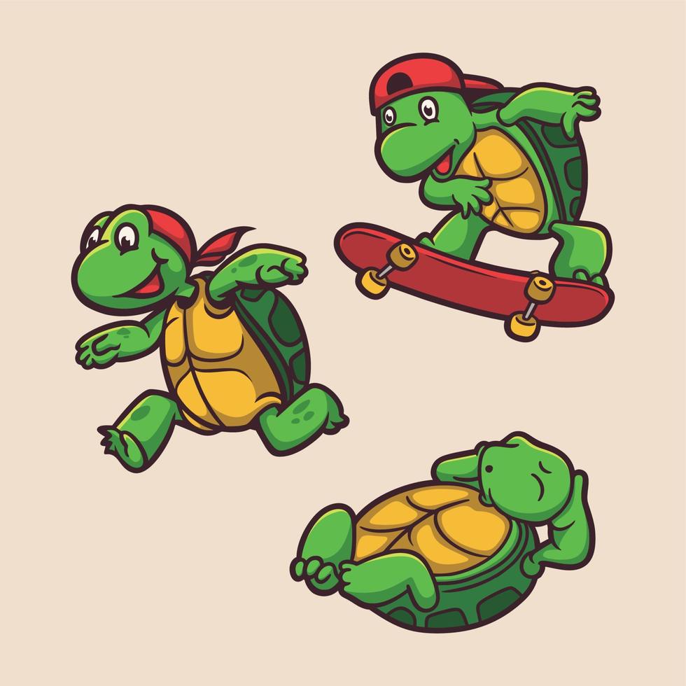 Schildkröte lief, skatete und schlief Tierlogo-Maskottchen-Illustrationspaket vektor