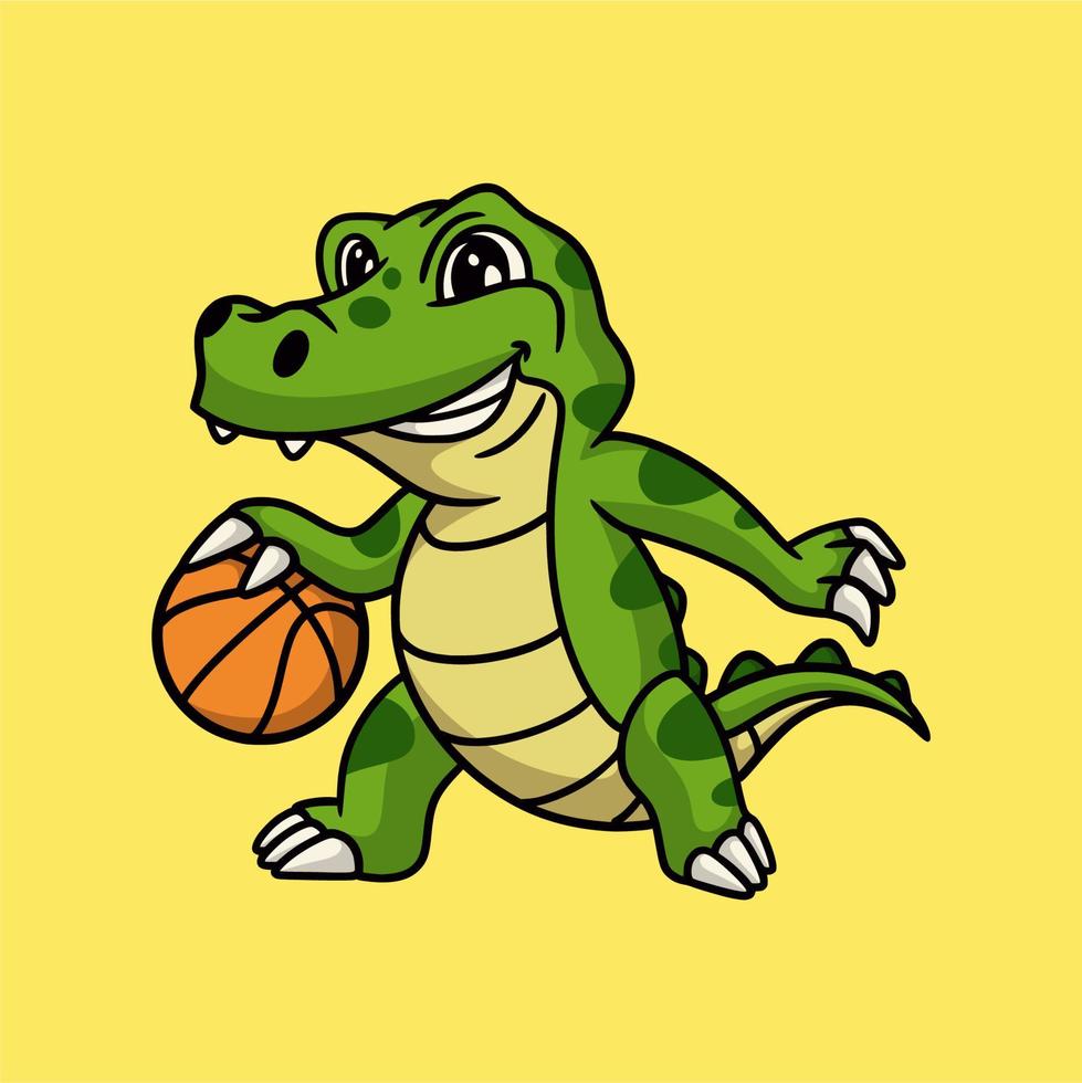 tecknad djurdesign krokodil spelar basket söt maskot logotyp vektor