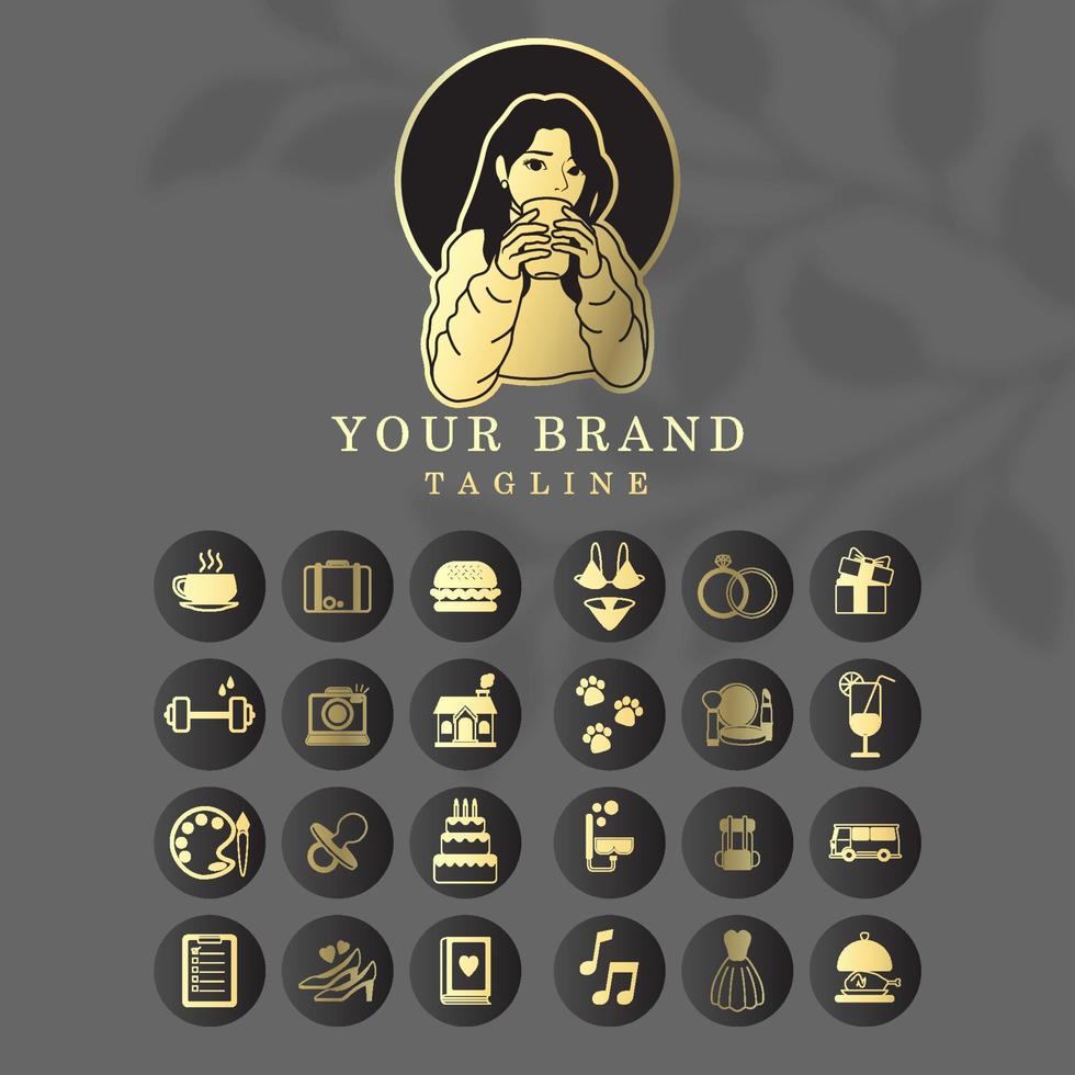 feminines goldenes elegantes Luxus-Logo-Icon-Set für Social Media und Shopping Store vektor