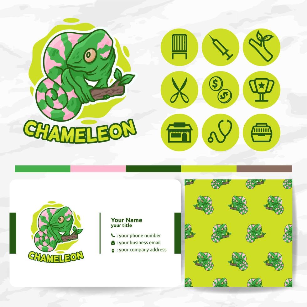 söt kameleontdjur logotyp med ikon och mönster set buntar för djuraffär samlingar vektor