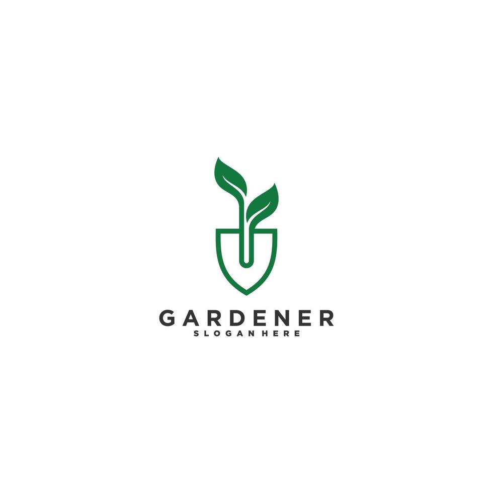 logo für gärtner mit bodenschaufel und blattillustration vektor