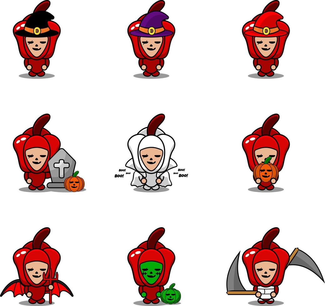 vektor seriefigur grönsak röd paprika maskot halloween kostym bunt set