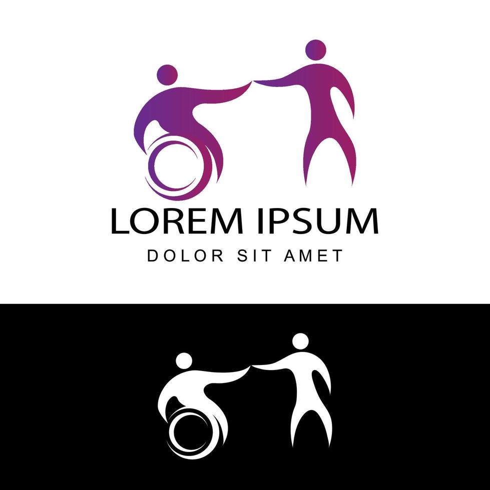 moderne leidenschaftliche Behinderung Menschen unterstützen im Rollstuhl Logo Illustration Template Design Vektor in isoliertem weißem Hintergrund
